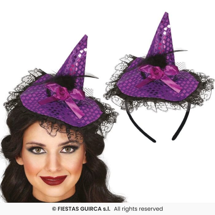 Diadema Gorrito Bruja Lila, Diadema Gorrito Bruja, tocado de bruja, diadema de halloween, cinta de hechicera para el pelo, adorno de cuentos, vincha festiva, accesorio de disfraz, Fiestas Guirca, cotillón, dulcealmacen, miguelturra, ciudad real
