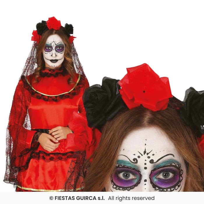 Diadema Flores Negras Rojas Con Velo Guirca en Dulcealmacen