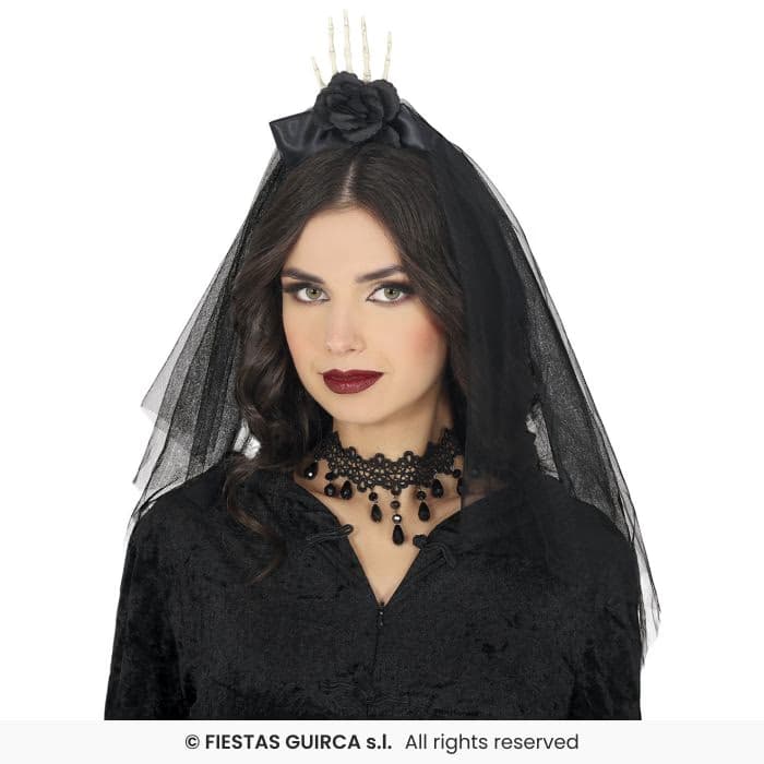 Diadema Con Velo Mano Y Flor Negra Guirca en Dulcealmacen
