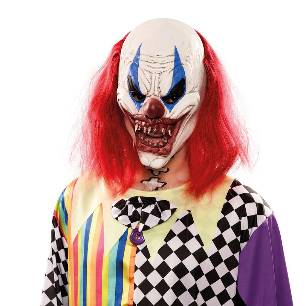 Hombre llevando la Máscara Payaso Diabólico Fyasa de látex con melena roja de Dulcealmacen