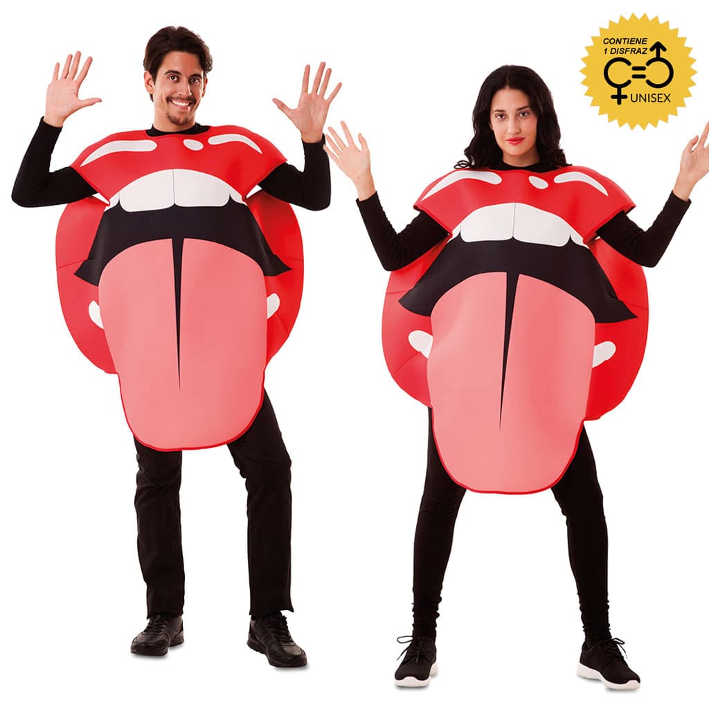 Disfraz de Emoticono Lengua para adulto unisex de Fyasa en color amarillo con cara sonriente y lengua roja fuera - Dulcealmacen