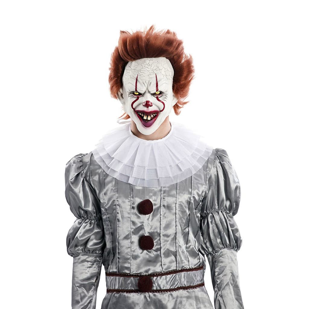 Máscara de Payaso Diabólico IT con Peluca de Látex Fyasa con maquillaje blanco agrietado, nariz roja y pelo naranja moldeado - Dulcealmacen