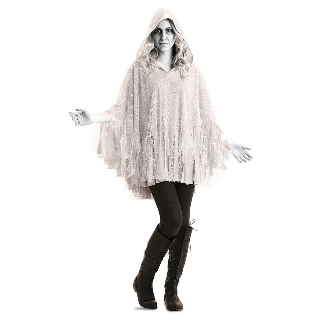 Adulto con Poncho de Fantasma de Fyasa en color blanco con cara de espectro negra y bajo acabado en picos - Dulcealmacen