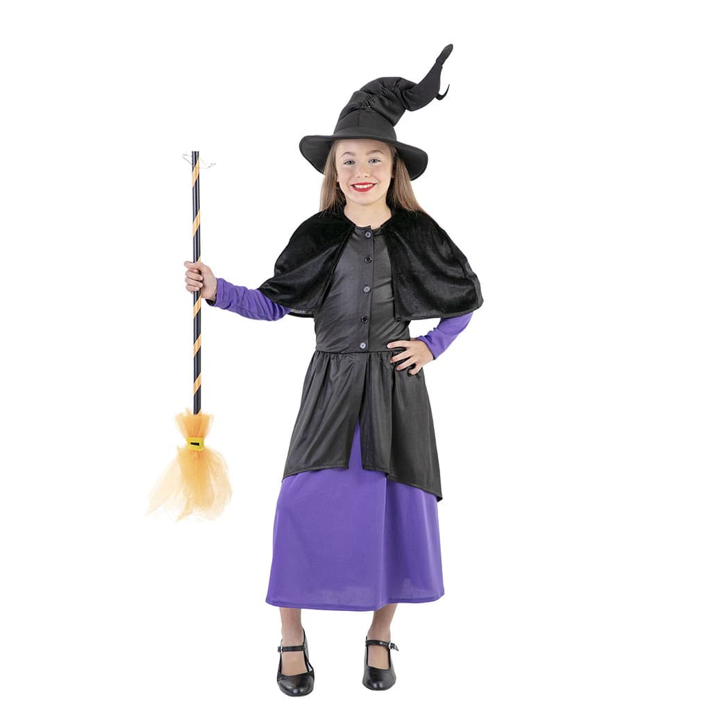 Niña luciendo el Disfraz Brujita Morada Infantil con vestido y sombrero de Dulcealmacen