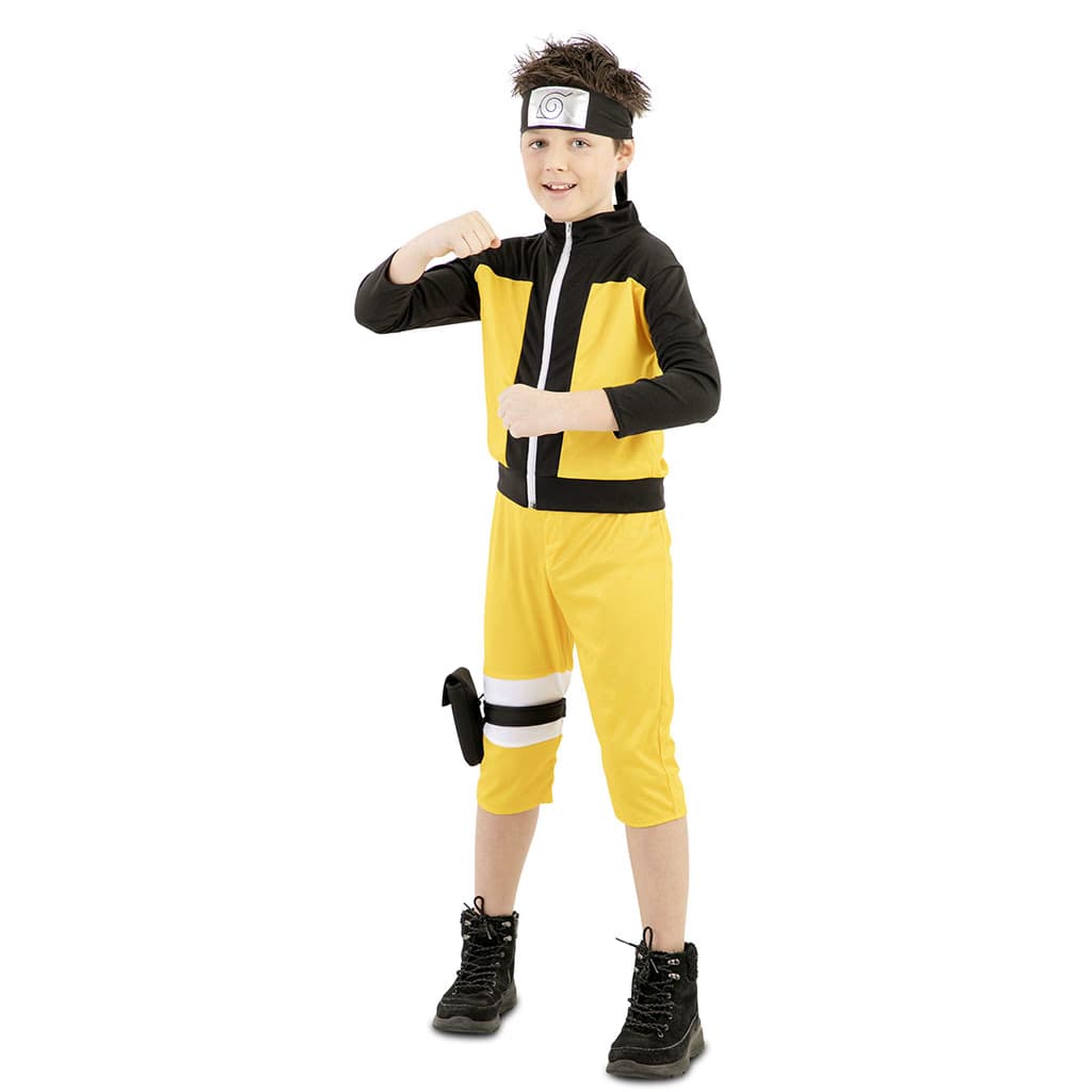 Disfraz Ninja Hokage para niño de 5-6 años en color negro y azul con detalles de armadura y emblema oriental - Dulcealmacen