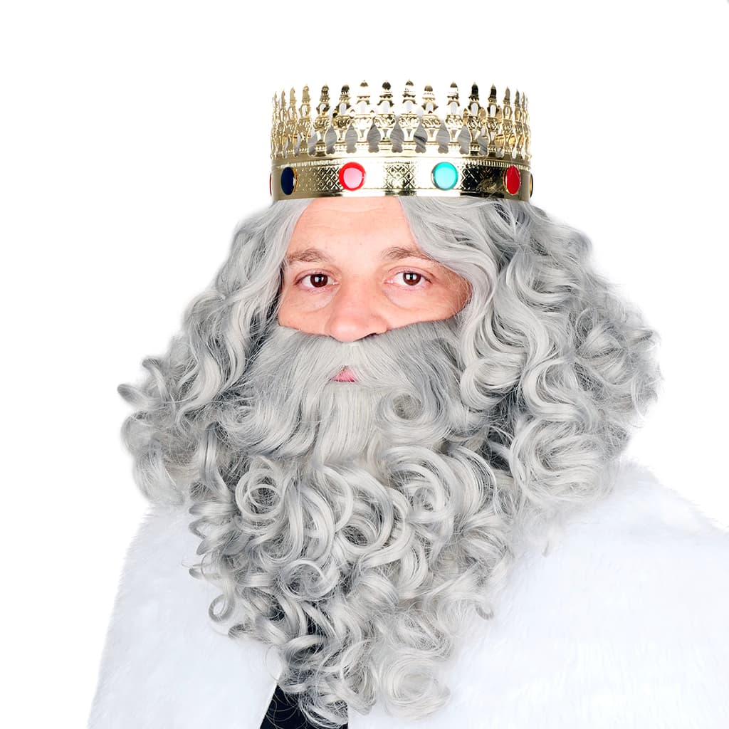Set de Peluca y Barba de Rey Mago Gris Plateado Fyasa con cabello largo ondulado y barba frondosa de color plata - Dulcealmacen