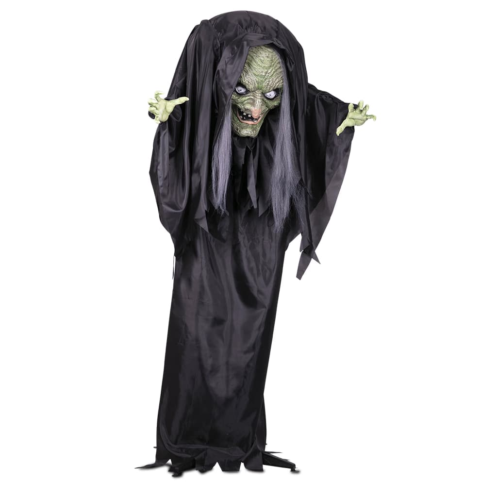 Bruja animatrónica de Halloween de Fyasa con túnica negra, rostro verde arrugado y manos extendidas, dimensiones 160x110x40 cm - Dulcealmacen
