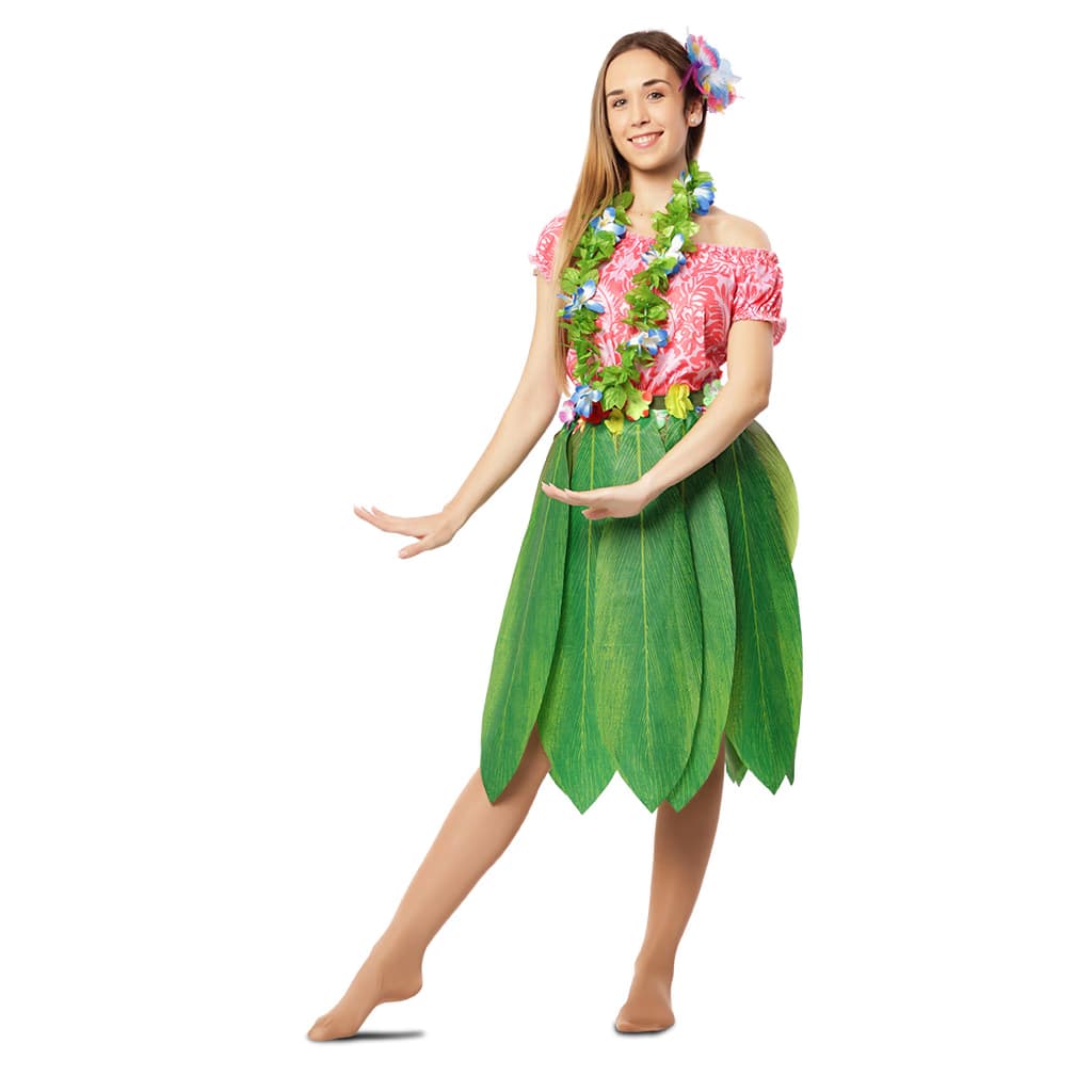 Disfraz hawaiana mujer completo con falda de hojas verdes y collar de flores tropicales