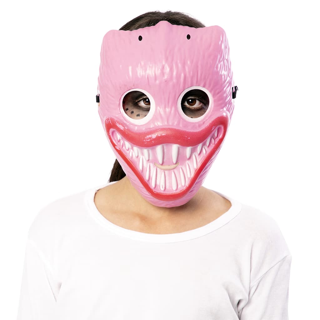 Máscara de Monstruito Rosa para Niños Fyasa con cuernos amarillos y grandes ojos azules, accesorio para disfraz infantil - Dulcealmacen