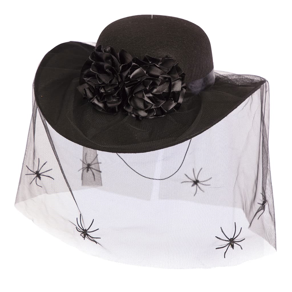 Sombrero negro tipo bombín con ala, decorado con dos grandes flores negras y un velo de rejilla con arañas de plástico - Dulcealmacen