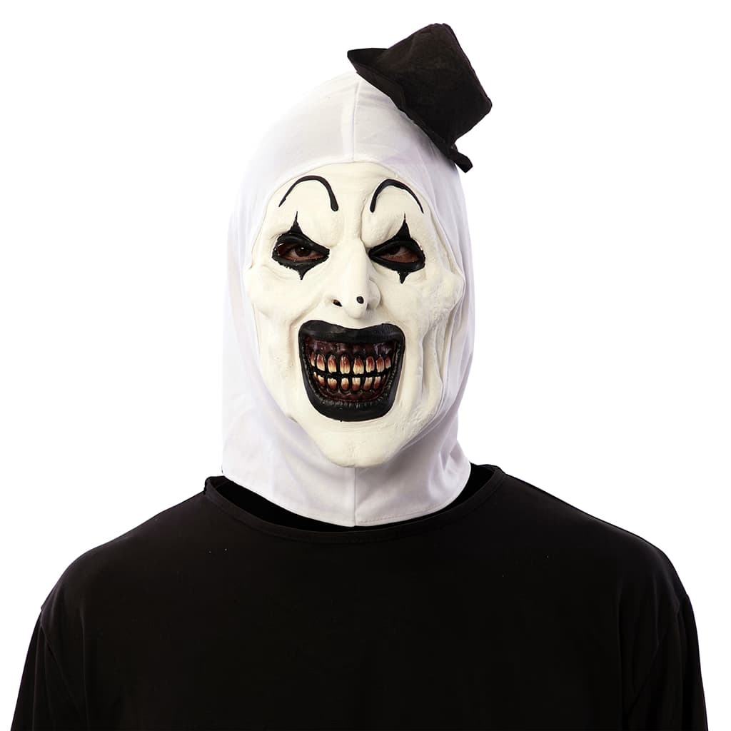 Máscara de látex de payaso asesino con rostro pálido, maquillaje negro, boca con dientes detallados, capucha blanca y pequeño sombrero de copa negro - Dulcealmacen