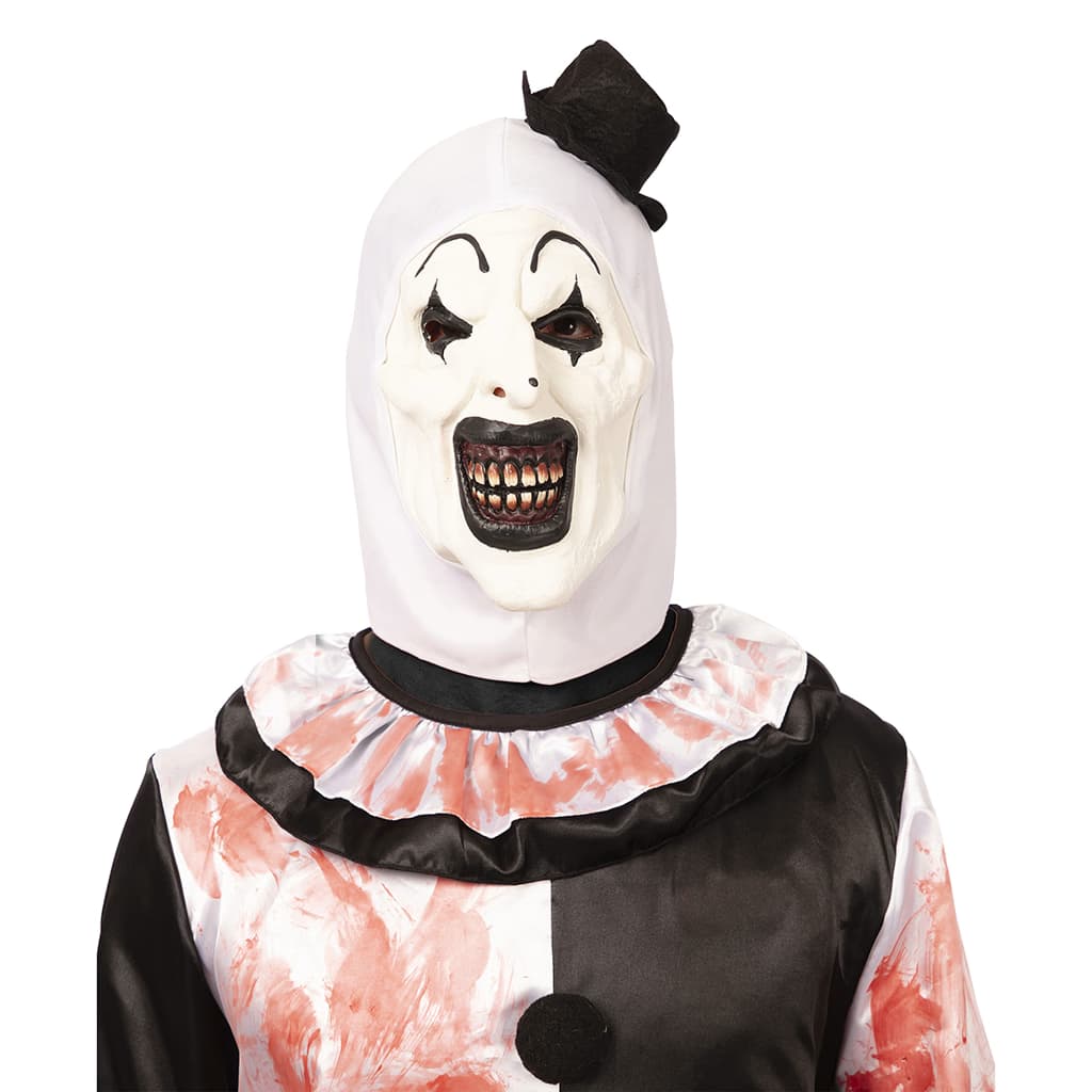 Máscara de látex de payaso asesino con rostro pálido, maquillaje negro, boca con dientes detallados, capucha blanca y pequeño sombrero de copa negro - Dulcealmacen