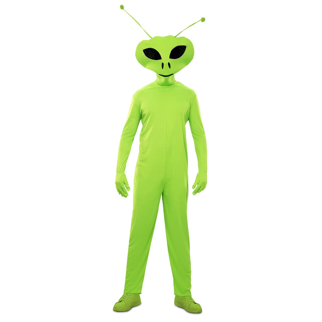 Hombre luciendo el mono verde con máscara del Disfraz Fyasa Alien Verde de Dulcealmacen