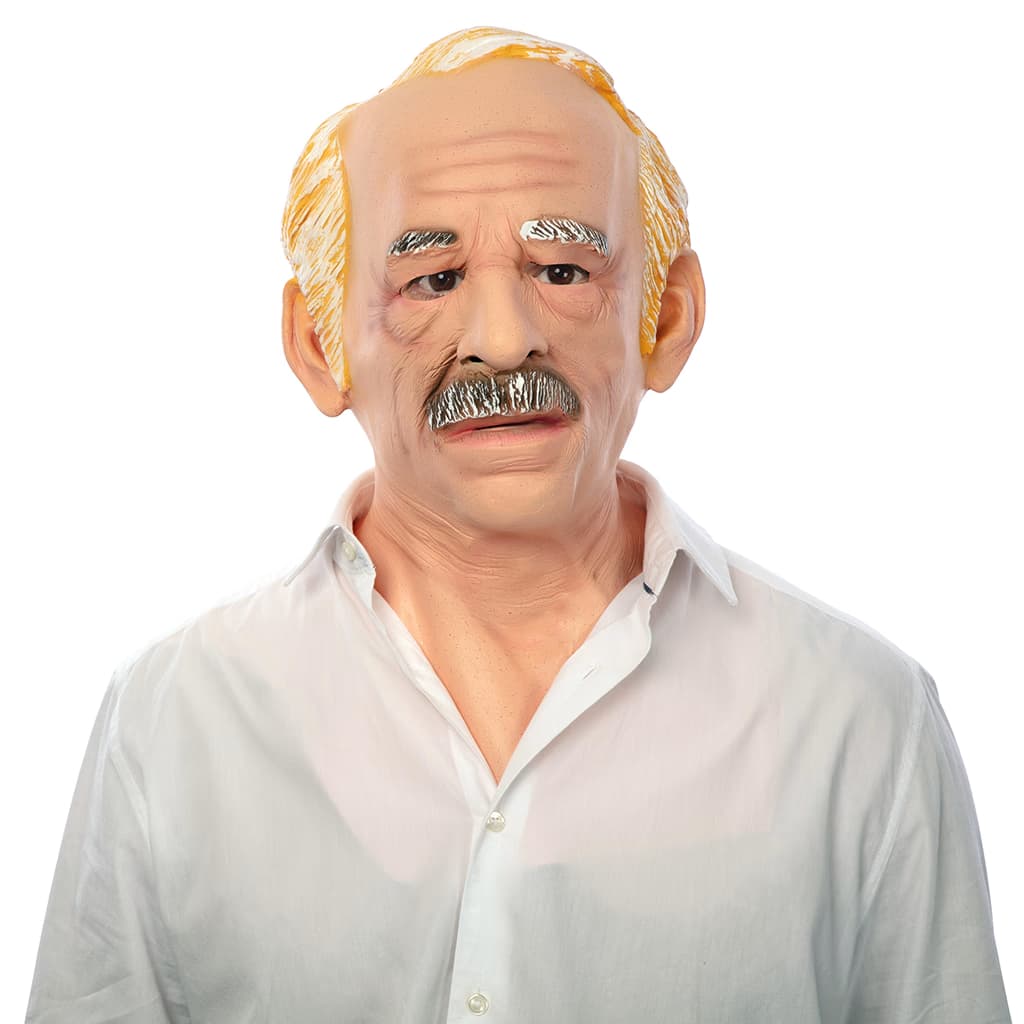 Máscara realista de látex de un hombre anciano con arrugas profundas, bigote canoso, cejas grises y calvicie incipiente - Dulcealmacen