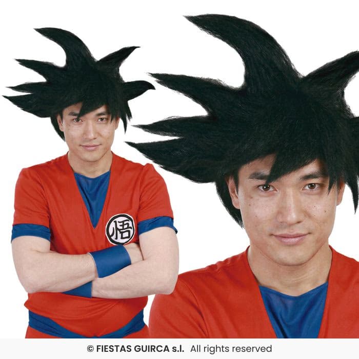 Modelo con la Peluca Guerrero Goku Guirca de pelo sintético puntiagudo en Dulcealmacen