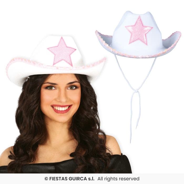 Guirca Sombrero Vaquero Blanco Con Estrella de lentejuelas para disfraces y fiestas en Dulcealmacen