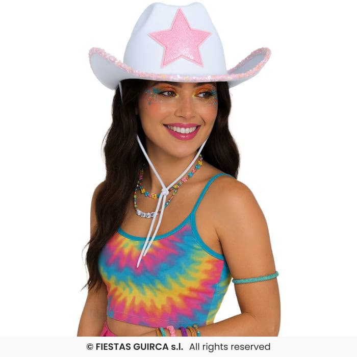 Guirca Sombrero Vaquero Blanco Con Estrella de lentejuelas para disfraces y fiestas en Dulcealmacen