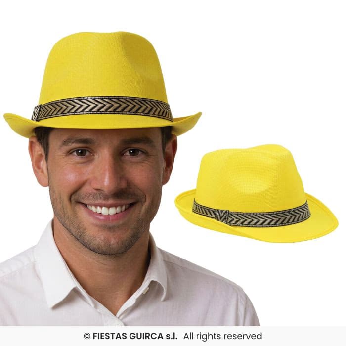 Guirca Gorro Gangster Amarillo de ala corta con cinta decorativa en Dulcealmacen