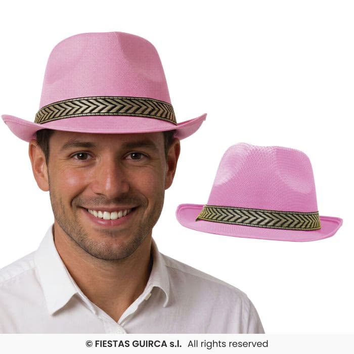 Guirca Gorro Gangster Rosa de ala corta con cinta decorativa en Dulcealmacen