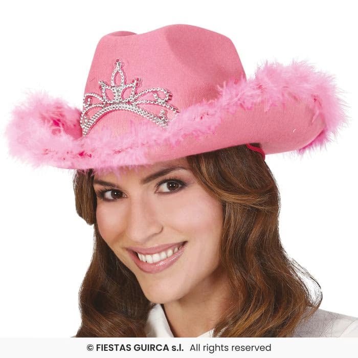 Guirca Gorro Cowboy Rosa con Boa y tiara para adulta en Dulcealmacen
