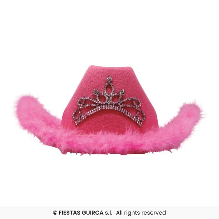 Guirca Gorro Cowboy Rosa con Boa y tiara para adulta en Dulcealmacen