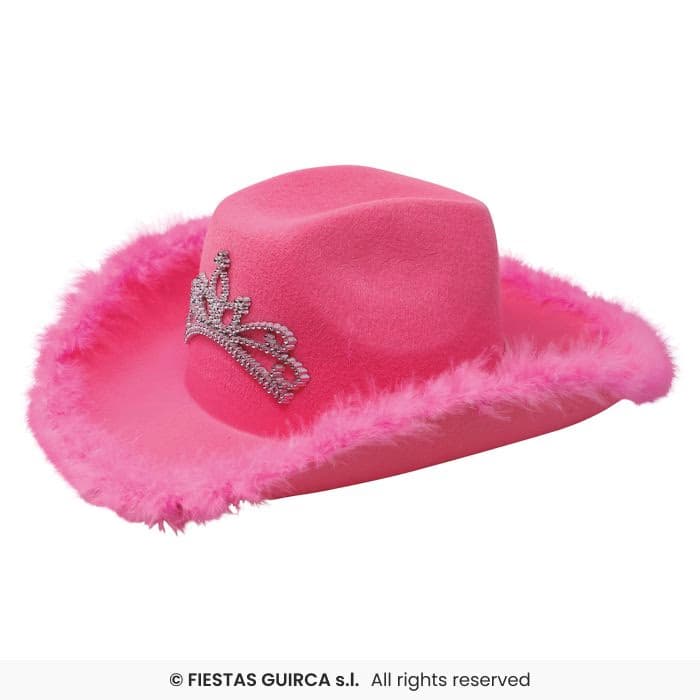 Guirca Gorro Cowboy Rosa con Boa y tiara para adulta en Dulcealmacen