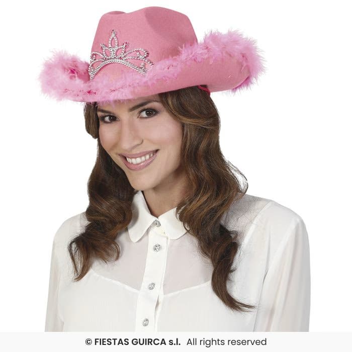 Guirca Gorro Cowboy Rosa con Boa y tiara para adulta en Dulcealmacen