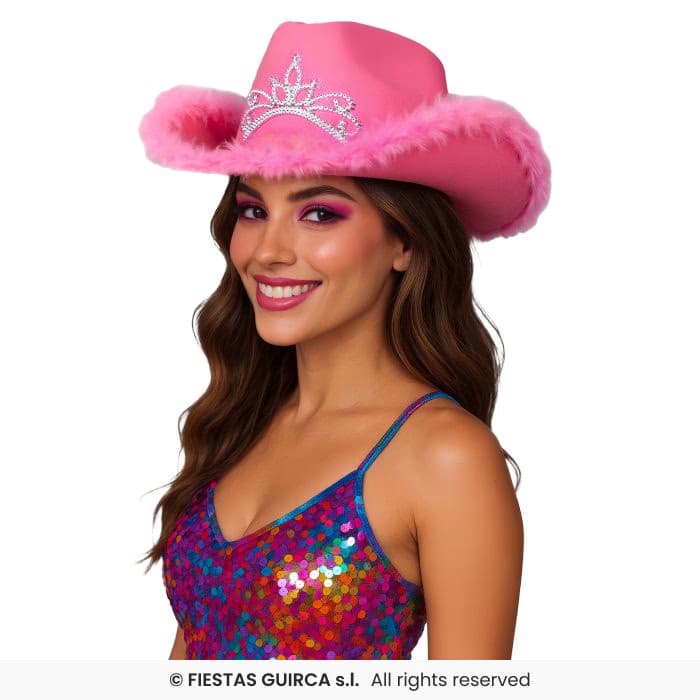 Guirca Gorro Cowboy Rosa con Boa y tiara para adulta en Dulcealmacen