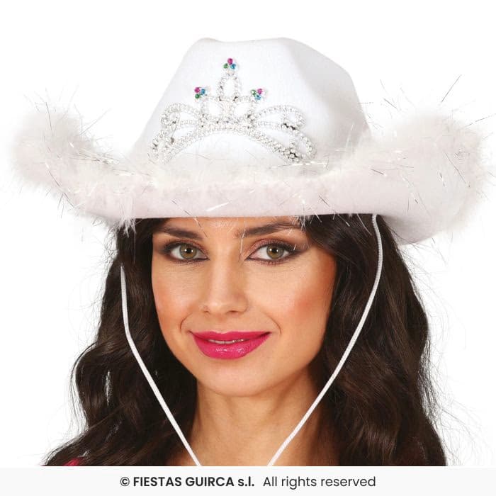 Guirca Gorro Cowboy Blanco con Boa y tiara para adulta en Dulcealmacen