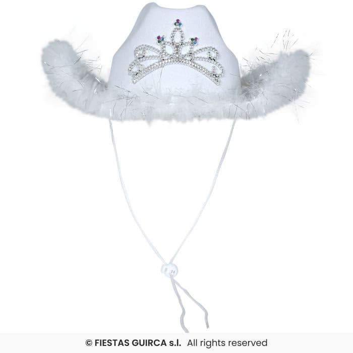 Guirca Gorro Cowboy Blanco con Boa y tiara para adulta en Dulcealmacen