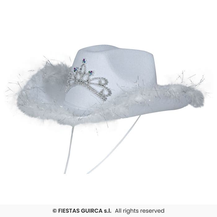 Guirca Gorro Cowboy Blanco con Boa y tiara para adulta en Dulcealmacen