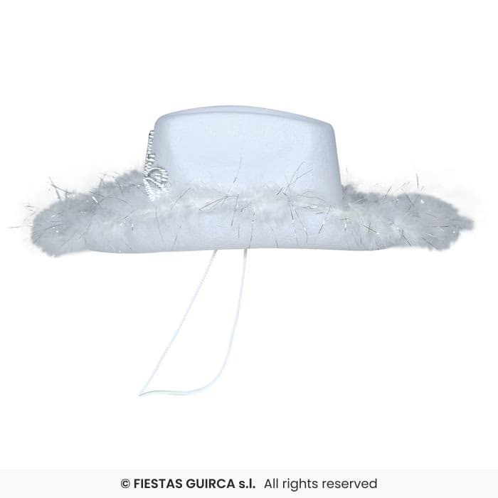 Guirca Gorro Cowboy Blanco con Boa y tiara para adulta en Dulcealmacen