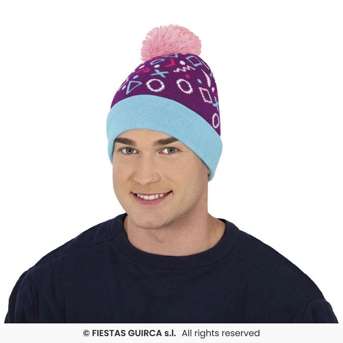 Guirca Gorro Lana Turquesa Y Rosa con pompón y motivos geométricos retro en Dulcealmacen