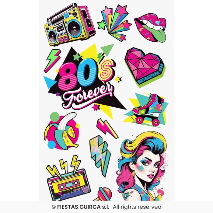 Guirca Hoja Tatuaje 80s 14x30 cm con diseños de patines y radiocassette en Dulcealmacen