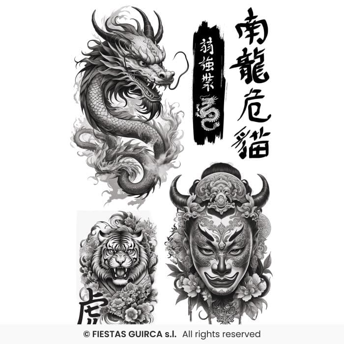 Guirca Hoja Tatuaje Asiatico 14x30 cm con diseños de dragon y tigre en Dulcealmacen