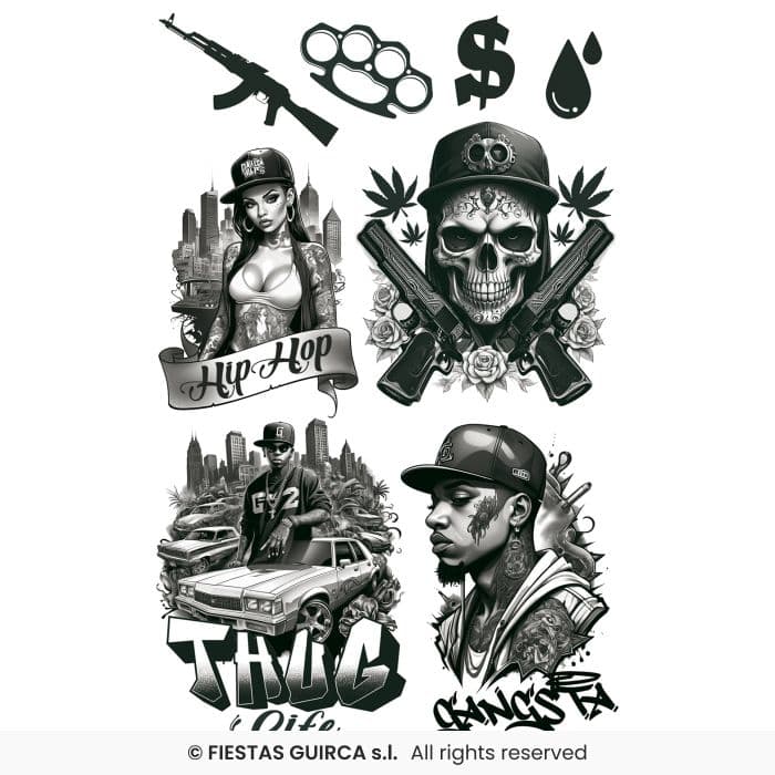 Guirca Hoja Tatuaje Thug Life 14x30 cm con diseños de calaveras y pistolas en Dulcealmacen