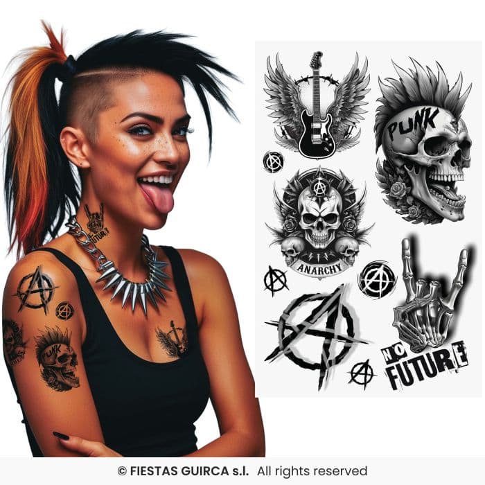 Guirca Hoja Tatuaje Punk 14x30 cm con diseños de calaveras y símbolos en Dulcealmacen