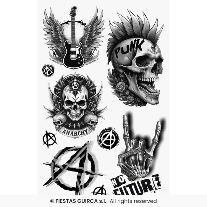 Guirca Hoja Tatuaje Punk 14x30 cm con diseños de calaveras y símbolos en Dulcealmacen