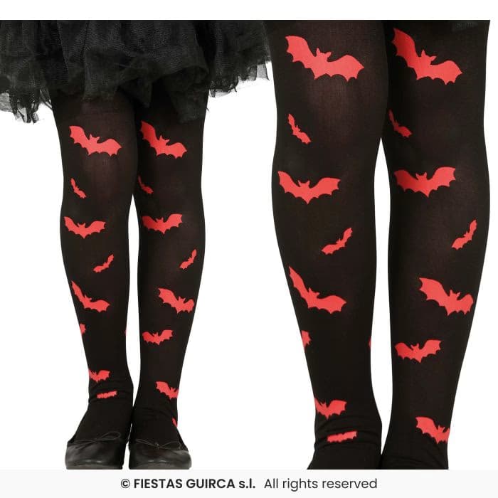 Guirca Pantys Murciélagos 3-6 Años medias negras con estampados de murciélagos rojos para disfraz infantil en Dulcealmacen