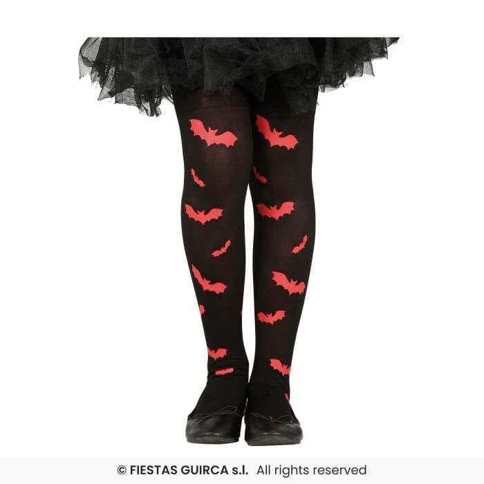 Guirca Pantys Murciélagos 3-6 Años medias negras con estampados de murciélagos rojos para disfraz infantil en Dulcealmacen