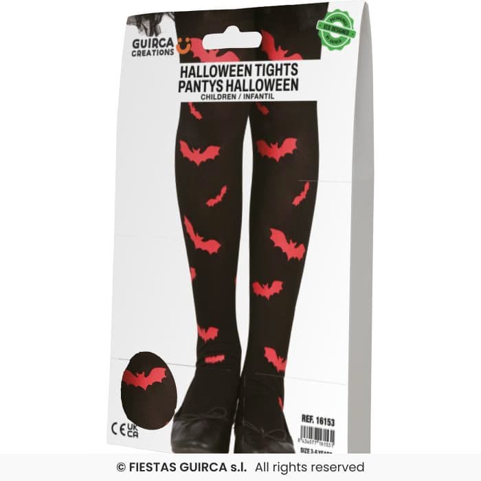 Guirca Pantys Murciélagos 3-6 Años medias negras con estampados de murciélagos rojos para disfraz infantil en Dulcealmacen