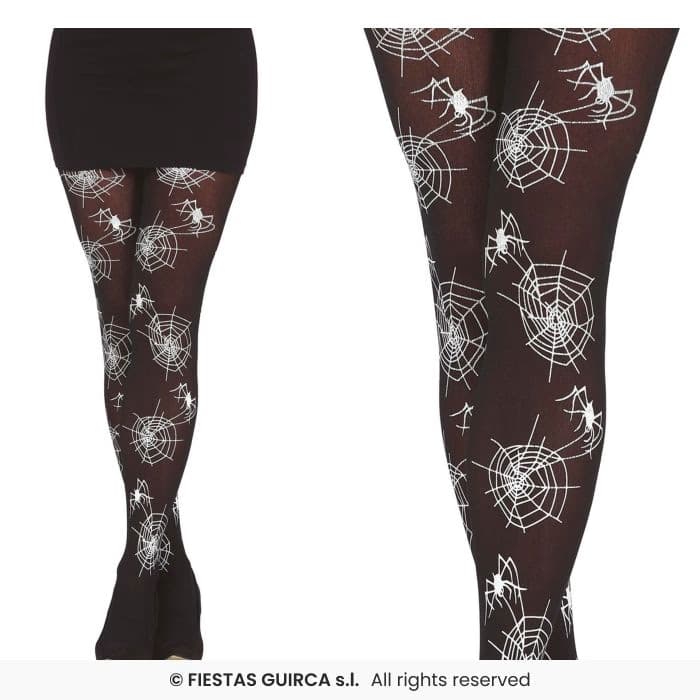 Guirca Pantys Telarañas Adulto medias negras con estampado de arañas blancas para disfraz en Dulcealmacen