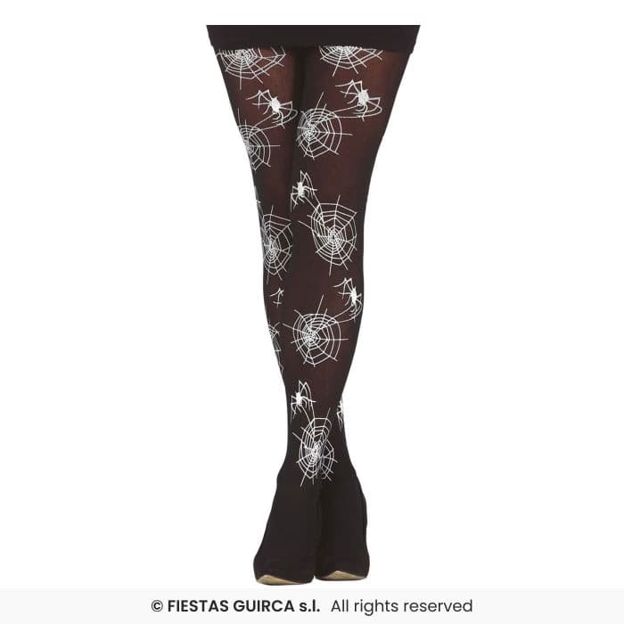 Guirca Pantys Telarañas Adulto medias negras con estampado de arañas blancas para disfraz en Dulcealmacen