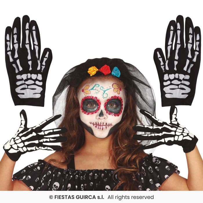 Guirca Guantes Esqueleto 22 cm Infantil con huesos blancos impresos en Dulcealmacen