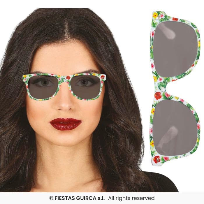 Guirca Gafas Exotic con estampado tropical y patillas de colores para disfraces en Dulcealmacen