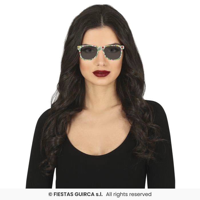 Guirca Gafas Exotic con estampado tropical y patillas de colores para disfraces en Dulcealmacen