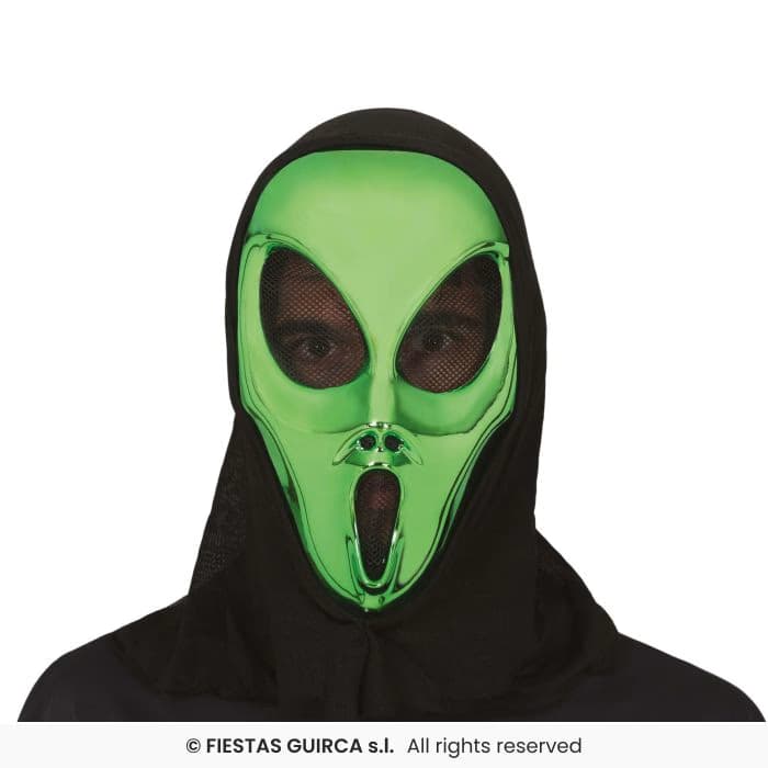 Guirca Máscara Alienígena con Capucha PVC verde metalizada en Dulcealmacen