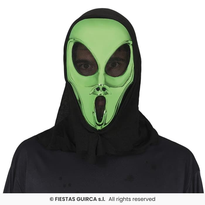 Guirca Máscara Alienígena con Capucha PVC verde metalizada en Dulcealmacen