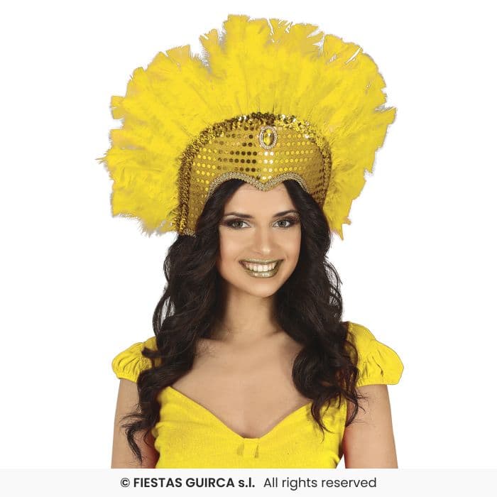 Guirca Tocado Plumas Amarillo con lentejuelas y banda elástica en Dulcealmacen