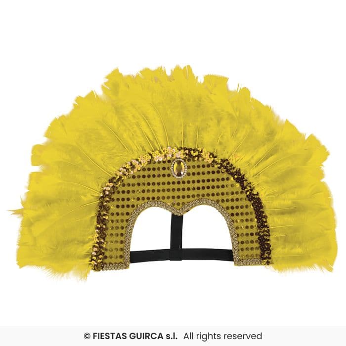 Guirca Tocado Plumas Amarillo con lentejuelas y banda elástica en Dulcealmacen